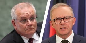 The sparring over defence policy marked a shift in the informal election campaign after Scott Morrison,left,and Anthony Albanese took a bipartisan stance on Russia’s invasion of Ukraine.