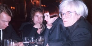 Sting,Bob Dylan,Nell Campbell and Andy Warhol at Nell’s nightclub in New York.