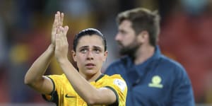Australia’s Alex Chidiac looks up to the fans after losing to Nigeria at the end of the Women’s World Cup Group B soccer match between Australia and Nigeria in Brisbane,Australia,Thursday,July 27,2023. Nigeria won 3-2. (AP Photo/Aisha Schulz)