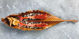 Scarlet prawns with prawn roti.