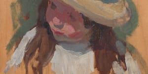 One of the works to be auctioned this Sunday by Emanuel Phillips Fox (1865-1915) is ‘Head and Shoulder Study of a Girl with Yellow Hat c. 1910-12’,oil on panel,34 x 26cm. 