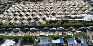 Tents set up for Palestinians displaced by the Israeli bombardment of the Gaza Strip in Khan Younis.