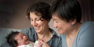 Penny Wong and Sophie Allouache with their daughter Alexandra,when she was born in 2011.