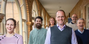Vice chancellor Peter Sherlock (front) with students and alumni of the University of Divinity (from left) Sarah Cook,Andrew Hateley-Browne,Carolyn Alsen,Adam Couchman and Stephen Reid.