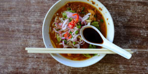 Assam laksa is based on a pungent,fishy broth which has a fair whack of tamarind to give it that signature sour tang.