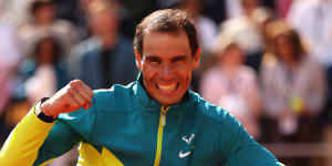 Rafael Nadal celebrates after winning the French Open