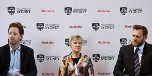 Dr Grant Hill-Cawthorne (left),Professor Lyn Gilbert and Dr Cameron Webb talk about the Zika virus at Sydney University on Tuesday.