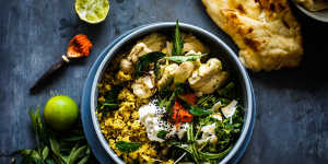 Sri Lankan curry-poached chicken with cucumber herb salad