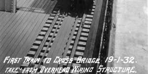 The first train crosses the Sydney Harbour Bridge as part of testing on January 19,1932,two months before the famed coathanger opened to the public.