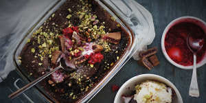 Chocolate,raspberry and Turkish delight self-saucing pudding.