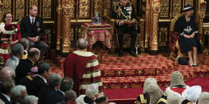 Prince Charles reads the Queen’s speech:Prince Williams to his left,and Camilla,Royal Consort to his right.