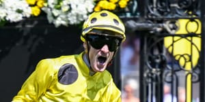 Jockey Mark Zahra rides Without A Fight to victory in the 2023 Melbourne Cup.