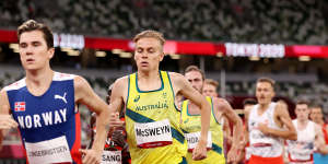 Stewart McSweyn trails Jakob Ingebrigtsen,the eventual winner,in the men’s 1500m final at the Tokyo Olympics. 