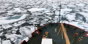 Breaking up:The US Coast Guard Icebreaker Healy on a research cruise in the Chukchi Sea of the Arctic Ocean. 