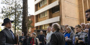 Conciliation meeting:Residents and owners gathering with Land and Environment Court Commissioner Peter Walsh outside 10 Onslow Avenue in Sydney’s Elizabeth Bay on Wednesday morning.