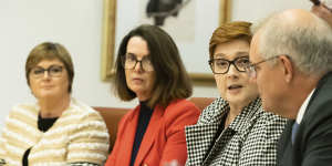 Minister for Government Services and Minister for the NDIS Linda Reynolds,Minister for Families and Social Services and Minister for Women’s Safety Anne Ruston,Minister for Foreign Affairs Marise Payne and Prime Minister Scott Morrison during the cabinet women’s taskforce meeting at Parliament House in Canberra on April 6.