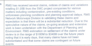 Section of an internal government document obtained by Labor showing $1.05 billion in contractor claims for WestConnex.