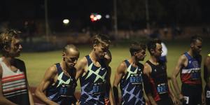 McSweyn (third from left) with a number of international-calibre 5000-metre runners at the start of the Box Hill Burn;he eventually leaves them all in his wake. 