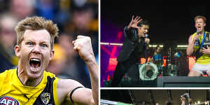 Glory days:Jack Riewoldt celebrates the Tigers’ 2017 premiership,and joins The Killers in their performance of Mr Brightside at the MCG.