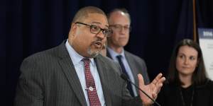 Manhattan District Attorney Alvin Bragg speaks to the media after a jury found former president Donald Trump guilty.