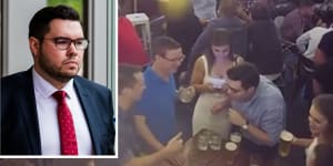 Bruce Lehrmann,inset,and CCTV showing Bruce Lehrmann and Brittany Higgins at a bar in Canberra on March,22,2019.