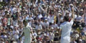 Anderson celebrates the dismissal of Michael Clarke in the same Test.
