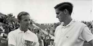 Roy Emerson congratulates Rod Laver on his French Open singles title.