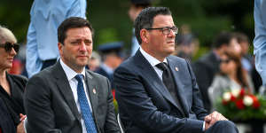 Victorian Premier Daniel Andrews and Opposition Leader Matthew Guy at the Remembrance Day service at the Shrine on Friday morning.