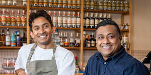 Good Food's Young Chef of the Year Viveik Vinoharan (left) and Mitch distillery Dutch Rules founder Danny Perera.