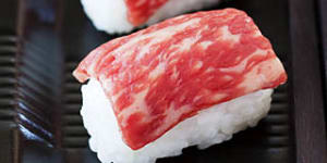 Marble marvel ... nigui sushi made with Mayura Station wagyu beef. 