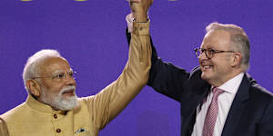 Indian Prime Minister Narendra Modi and Australian Prime Minister Anthony Albanese at Marvel Stadium on Thursday evening.