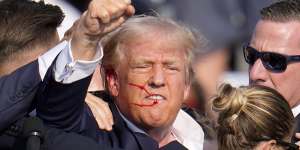Assassination attempt:A defiant Trump raises a fist to the crowd after his right ear was nicked by a sniper’s bullet in July.