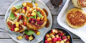 Johnny cakes with peach salsa and golden syrup.