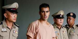 Thai prison officers escort Hakeem al-Araibi following an extradition hearing in Bangkok Criminal Court in February this year. A week later,he was released and flew back to Melbourne.