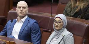 Fatima Payman,pictured with independent David Pocock,said she was proud she stood by her convictions,although she was bitterly disappointed her Labor colleagues had not joined her.