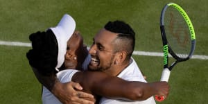 Hug it up:Nick Kyrgios and Venus Williams.