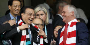 Chinese Premier Li Keqiang and PM Malcolm Turnbull at an AFL match between the Sydney Swans and the Port Adelaide in March.