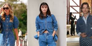 Head-to-toe denim at Australian Fashion Week (from left) Harmony Butcher in Acler,Sarah Ellen in Henne,Cameron Robbie at Christian Kimber.