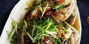 Barbecued snapper with black beans and salted chillies