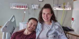 Constable Randall Kirk with wife Breanna in hospital.