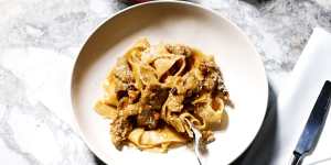 Comfort food:Pappardelle with duck ragout and porcini mushrooms.