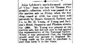 An article in The Argus newspaper in September 27,1909,about the sale of the painting Chloe to Henry Young of Young and Jackson’s Hotel.
