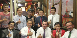 WA Premier Mark McGowan (centre) with former Chinese consul-general Dong Zhihua (second from right) Australian Chinese Times owner Edward Zhang and Chung Wah president Ting Chen standing behind him.