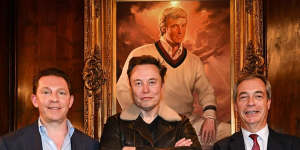 Elon Musk,Nigel Farage and (left) Reform UK treasurer and property billionaire Nick Candy at Mar-a-Lago.