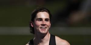 Rohan Browning celebrates his victory in the men’s 100m final at the Australian track and field championships.