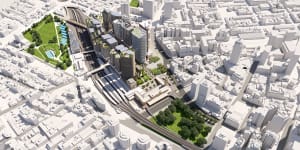 The plan creates a 24-hectare redevelopment site with 15 new buildings and public space over rail lines.