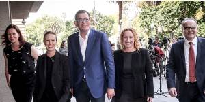 In happier times:The Premier just after Labor's landslide win in the 2018 election with new ministers (L to R) Jaclyn Symes,Gabrielle Williams,Melissa Horne and Adem Somyurek.