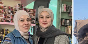 Rose Alhelou and her sister inside her pharmacy in Gaza,and after the pharmacy was destroyed during the war.