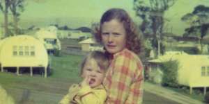 Sonia Roberts with nephew Paul in 1968 near the Nissen huts in Belmont North near Newcastle.