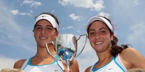 Ajla Tomljanovic (left) with Christina McHale after winning the 2009 Australian Open junior girls doubles title.